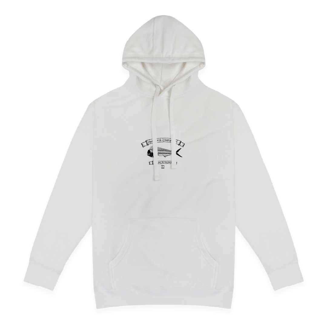 Front view of a unisex white hoodie with small black mahi bones graphic on a white background with black text that reads "I'm the catch of the day" on the top of the fish graphic and "fishing for compliments" in black text below the graphic