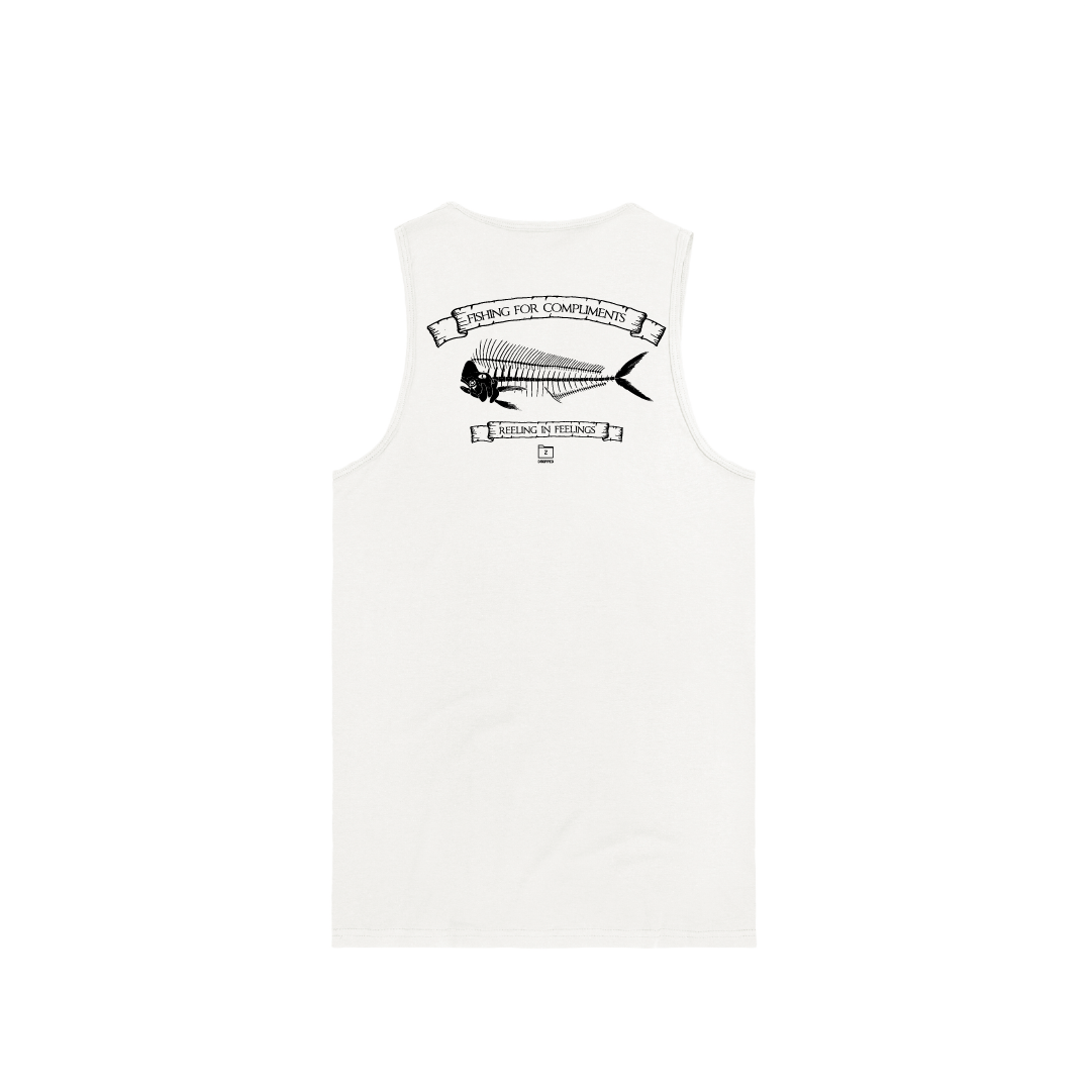Z_DROPPED - Mens, Unisex - White - Mahi Bones Tank Top. - By: Jose Hurtado