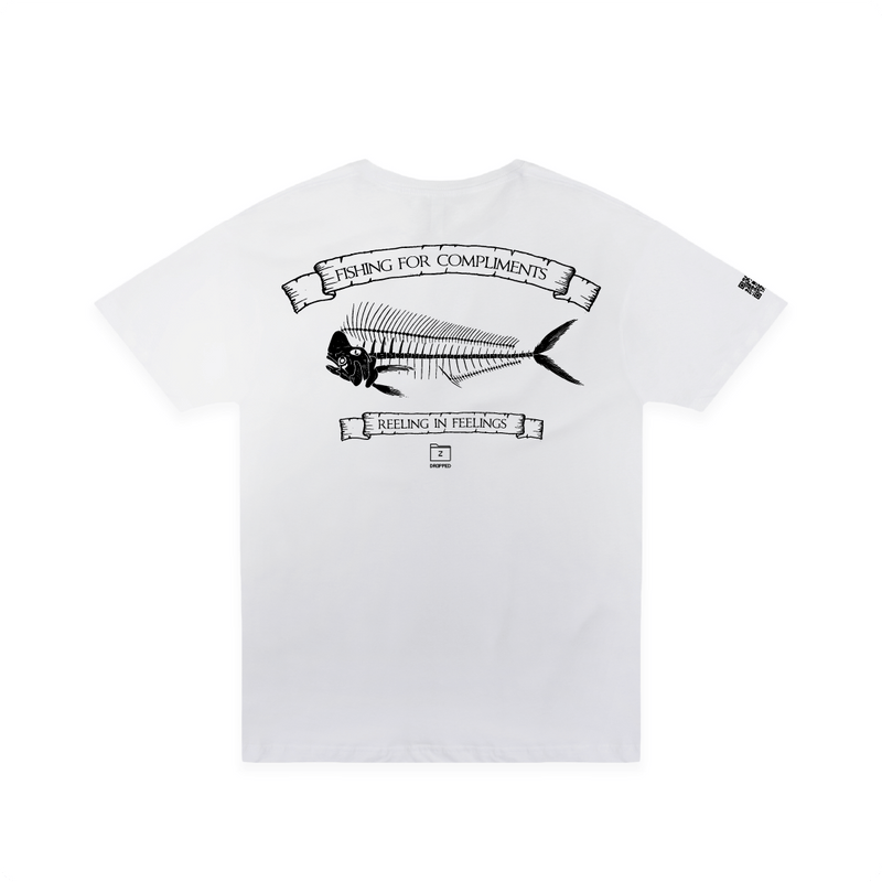 Rear view of a unisex white t-shirt with a large black mahi skeleton graphic and 'fishing for compliments' text on a white background