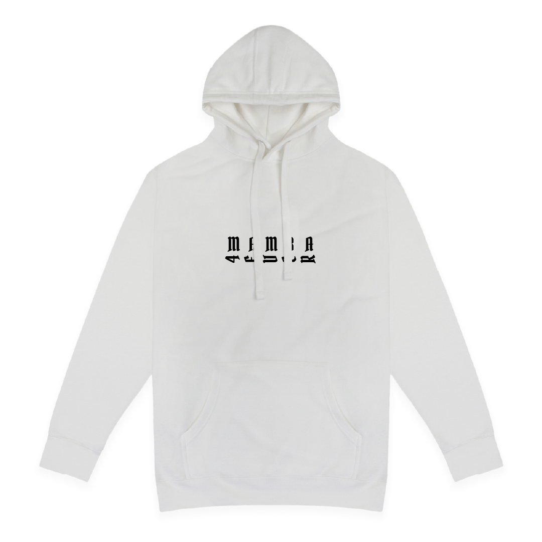 Front view of a  unisex white hoodie with black text that reads "Mamba 4 ever"