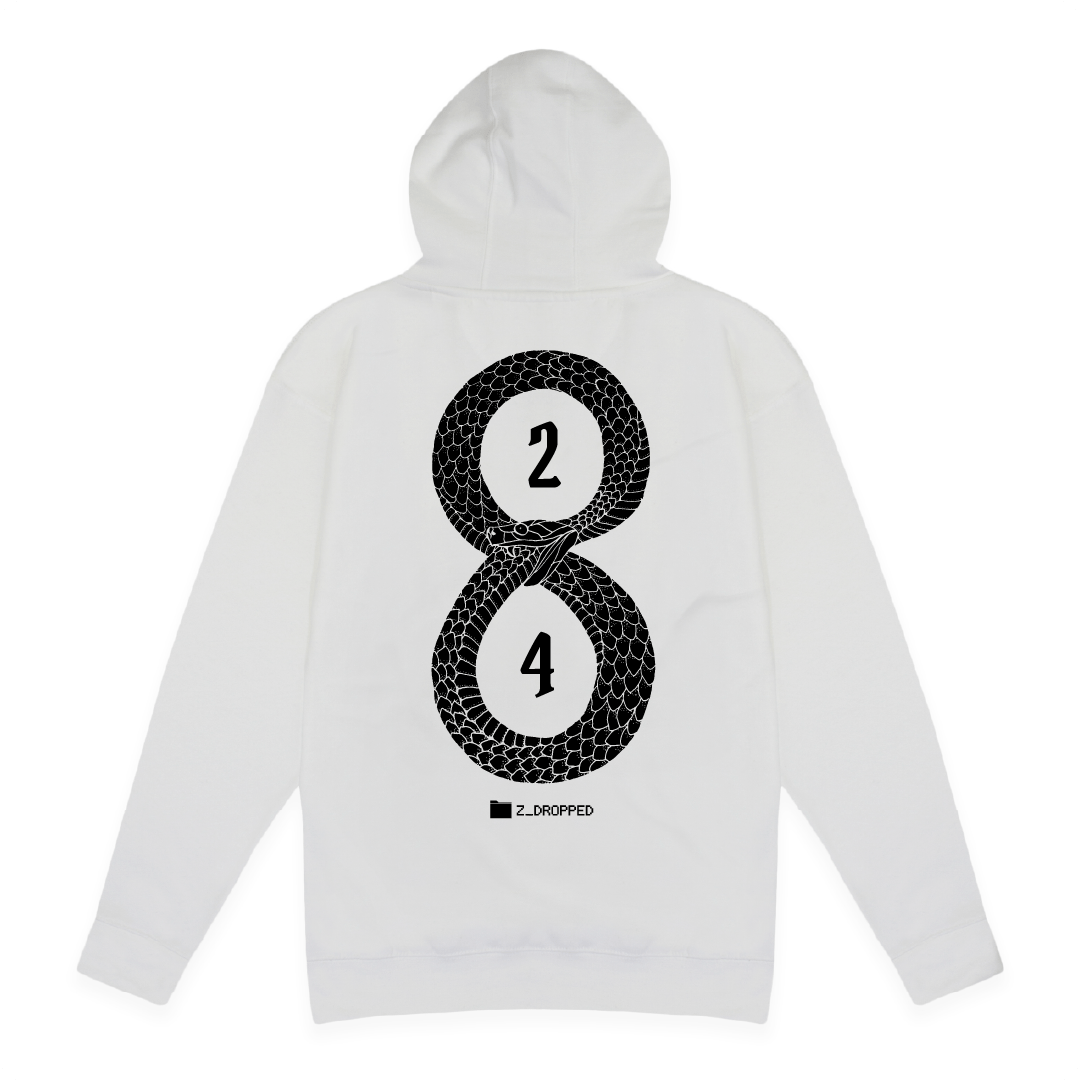 Rear View of a unisex white hoodie with a Black Mamba 8 and 24 on a white background