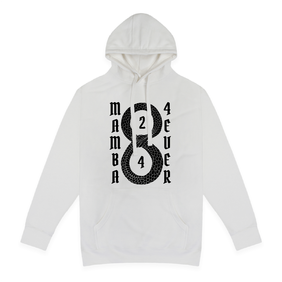 Front View of a unisex white hoodie with a Black Mamba 8 and 24 graphic on a white background in the middle of black text that reads "Mamba 4 Ever"
