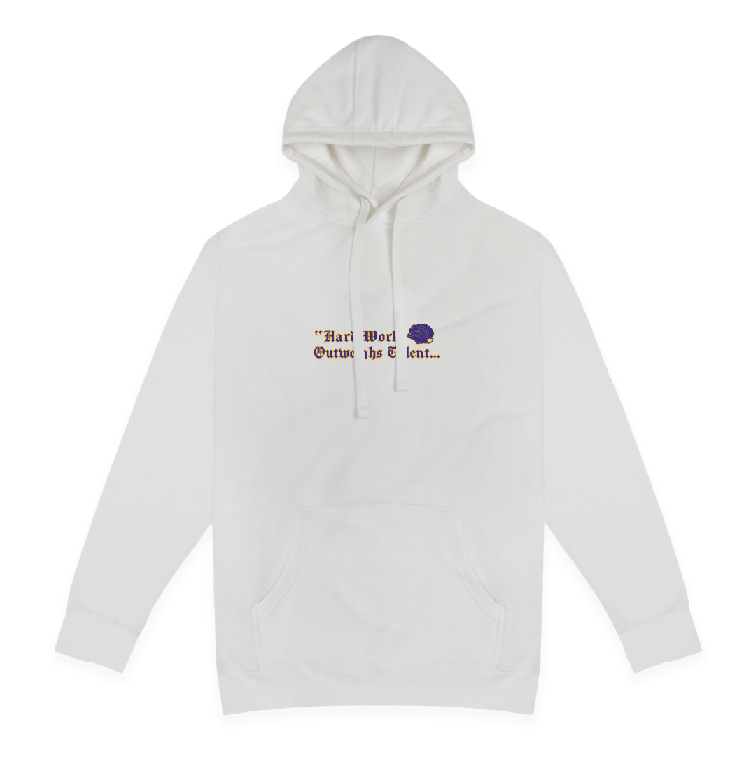 Front view of a unisex white hoodie with 'hard work outweighs talent' text and logo on a white background