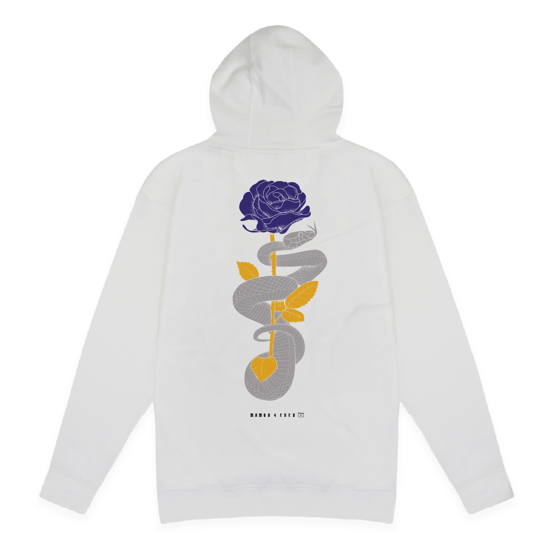 Rear view of a unisex white hoodie with a purple and gold mamba snake and rose graphic on a white background