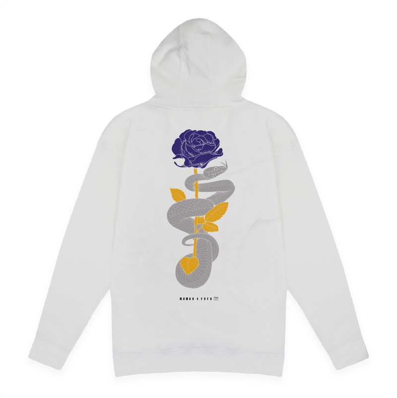 Rear view of a unisex white hoodie with a purple and gold mamba snake and rose graphic on a white background