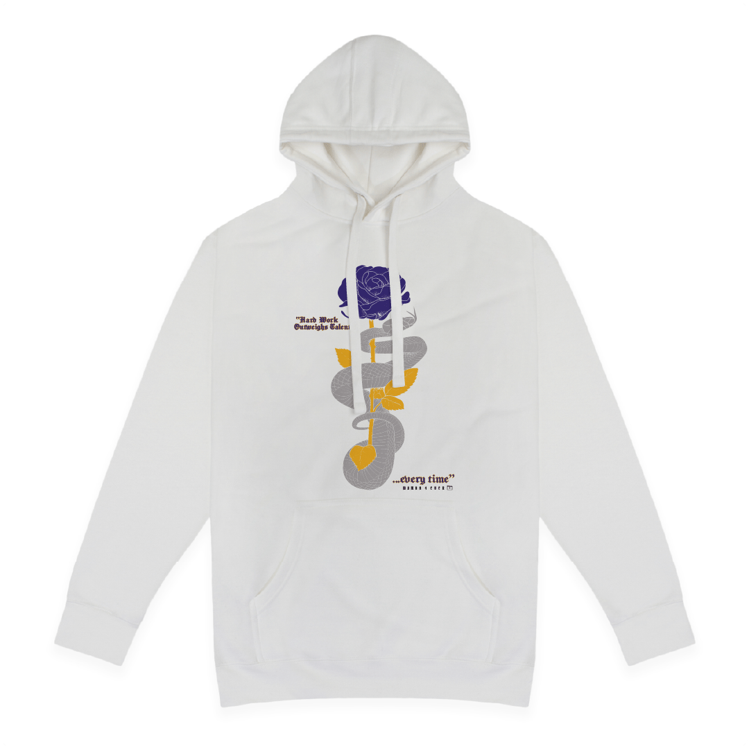 Front view of a  unisex white hoodie with a purple and gold mamba snake and rose graphic on a white background