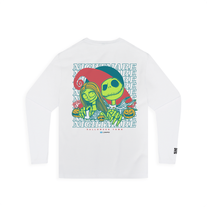 Rear view of a white long-sleeve shirt with cartoon skeletons and 'Nightmare' text on a white background