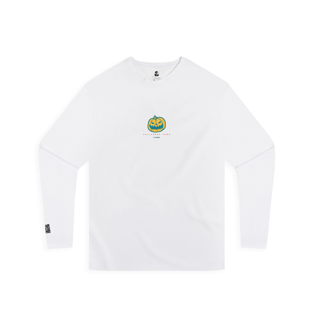Front view of a white long-sleeve shirt with a pumpkin logo on a white background