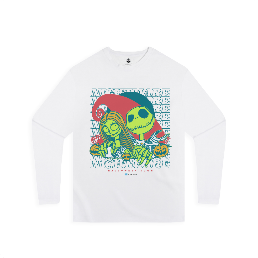 Front view of a white long-sleeve shirt with cartoon skeletons and 'Nightmare' text on a white background