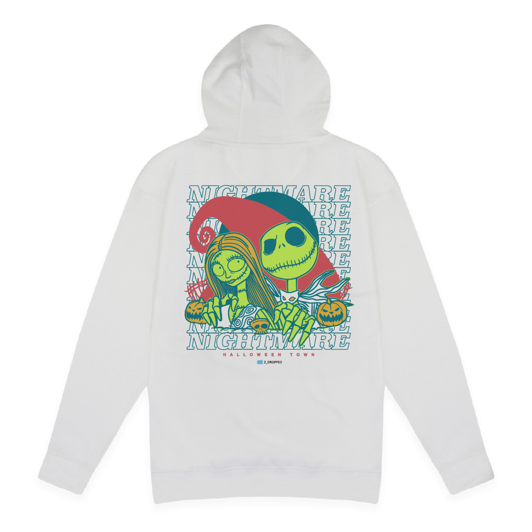 Rear view of a white hoodie with neon 'Nightmare' text and two cartoon skeletons on a white background.