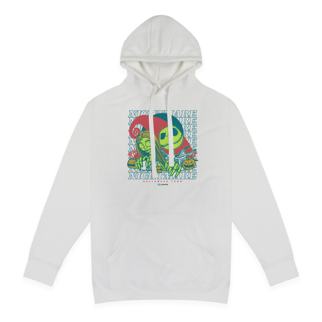 Front view of a white hoodie with neon 'Nightmare' text and two cartoon skeletons on a white background.
