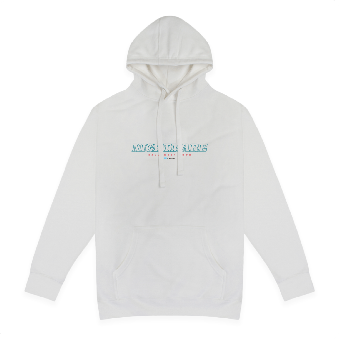 Front view of a white hoodie with neon blue 'Nightmare' text on a white background.