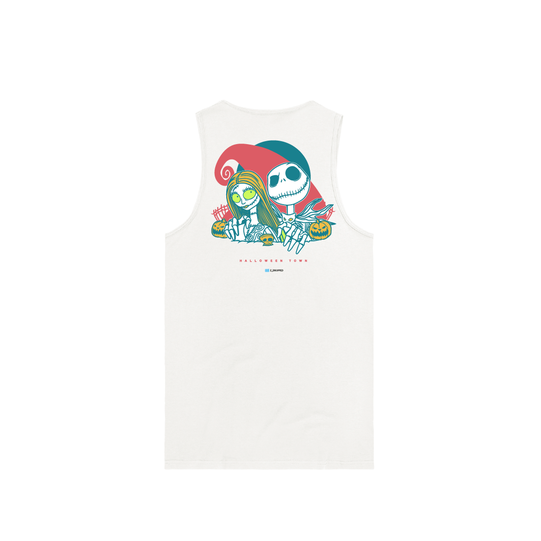 Rear view of a unisex white tank top with cartoon skeletons and 'Nightmare' text on a white background