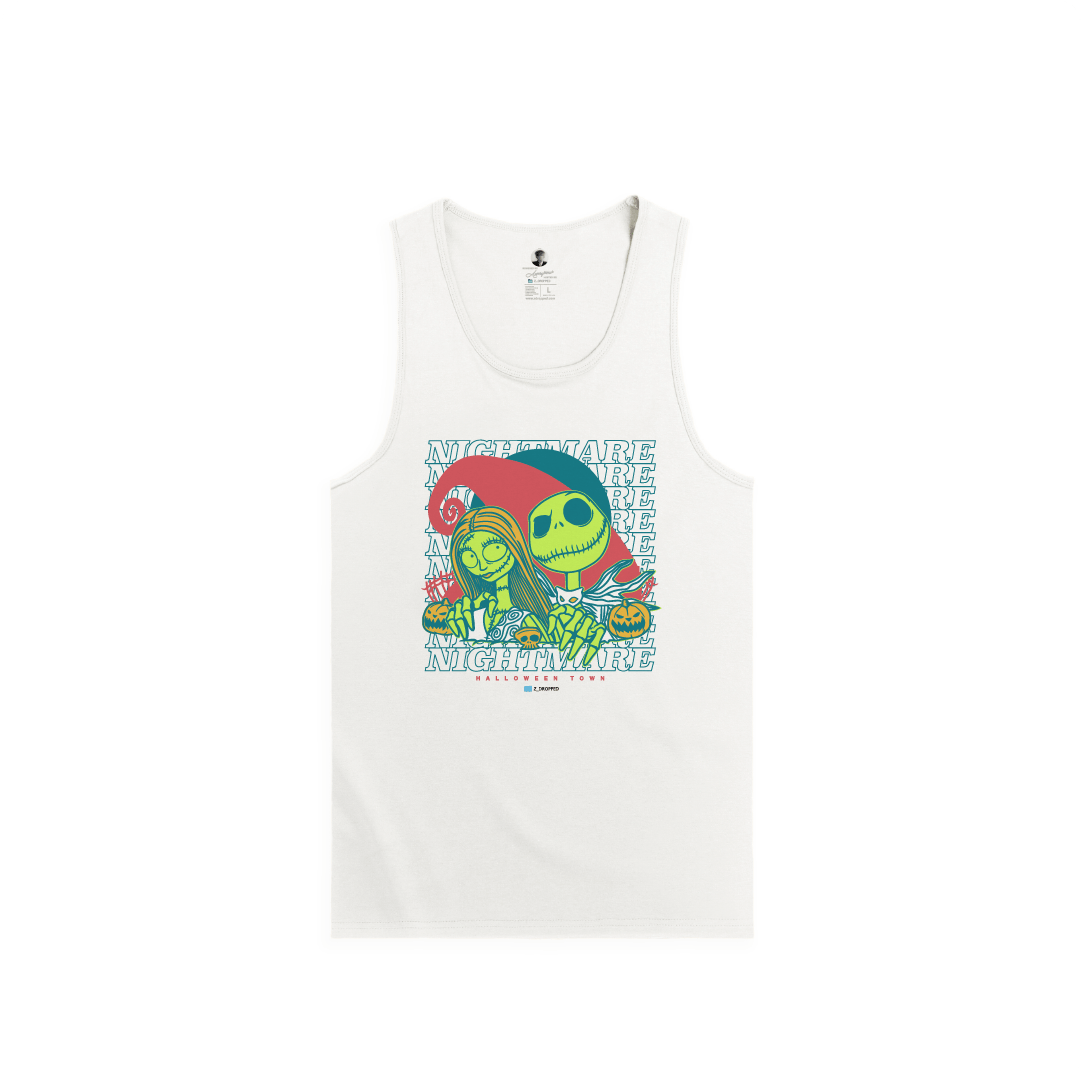 Front view of a unisex white tank top with cartoon skeletons and 'Nightmare' text on a white background