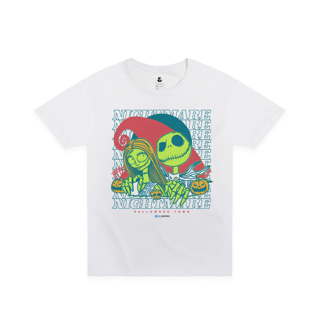 Front view of a white t-shirt with two cartoon skeletons and 'Nightmare' text on a white background