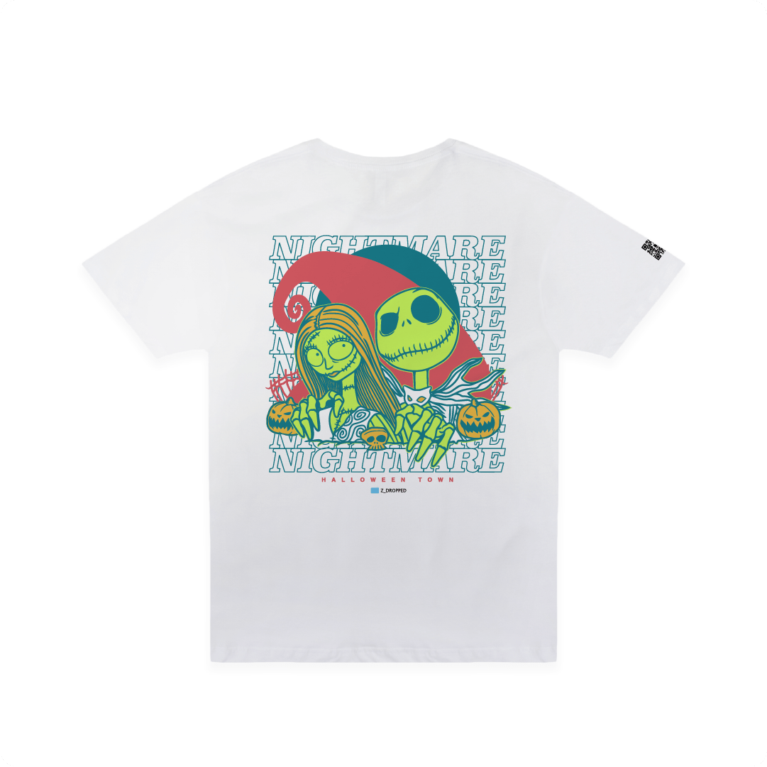 Rear view of a white t-shirt with two cartoon skeletons and 'Nightmare' text on a white background