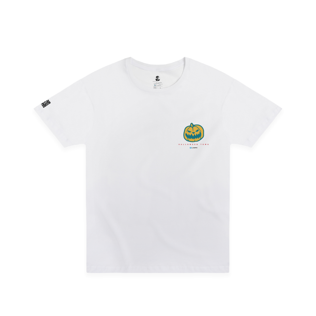 White t-shirt with a pumpkin graphic and text on a white background