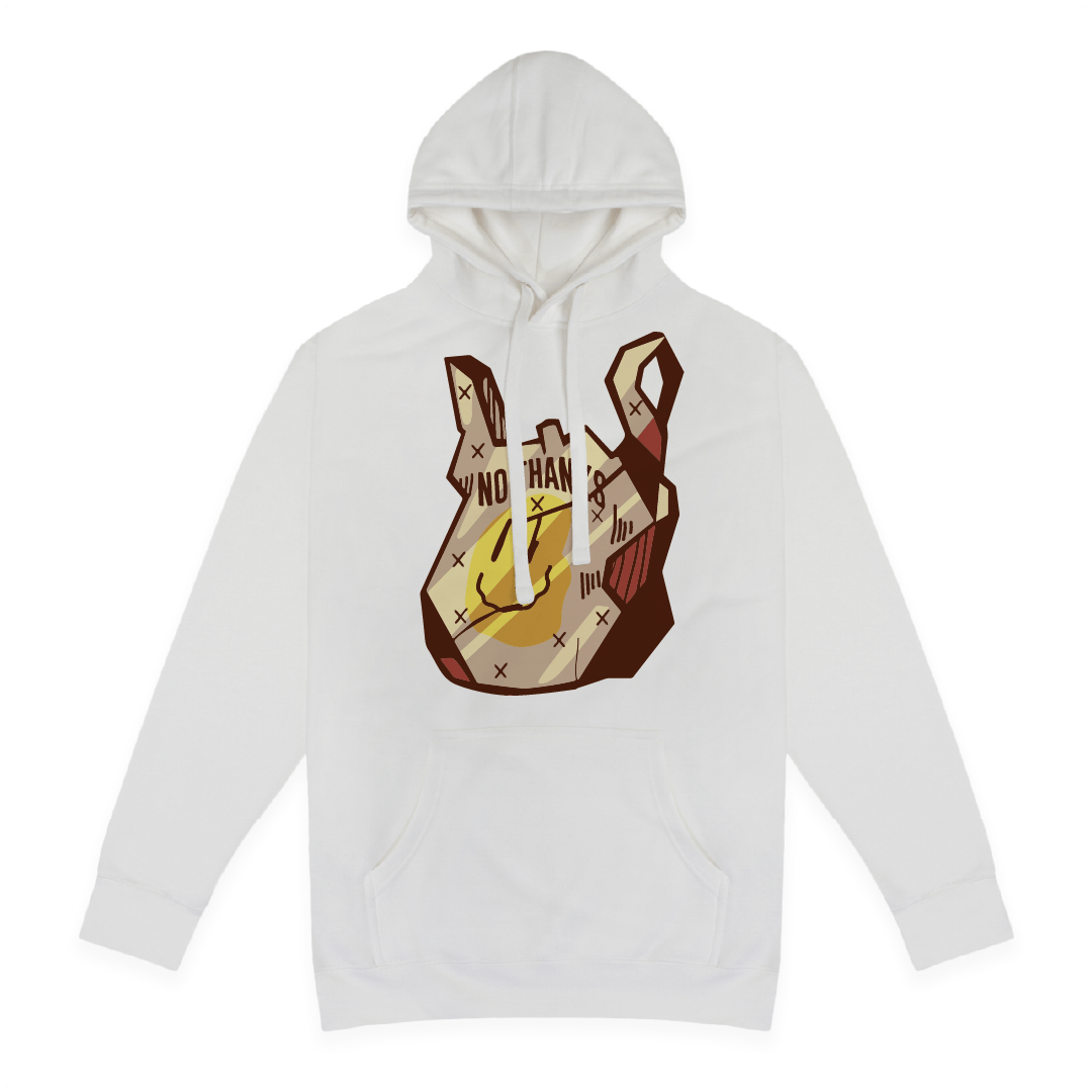 Front view of a white hoodie with a yellow smiley face plastic bag on a white background
