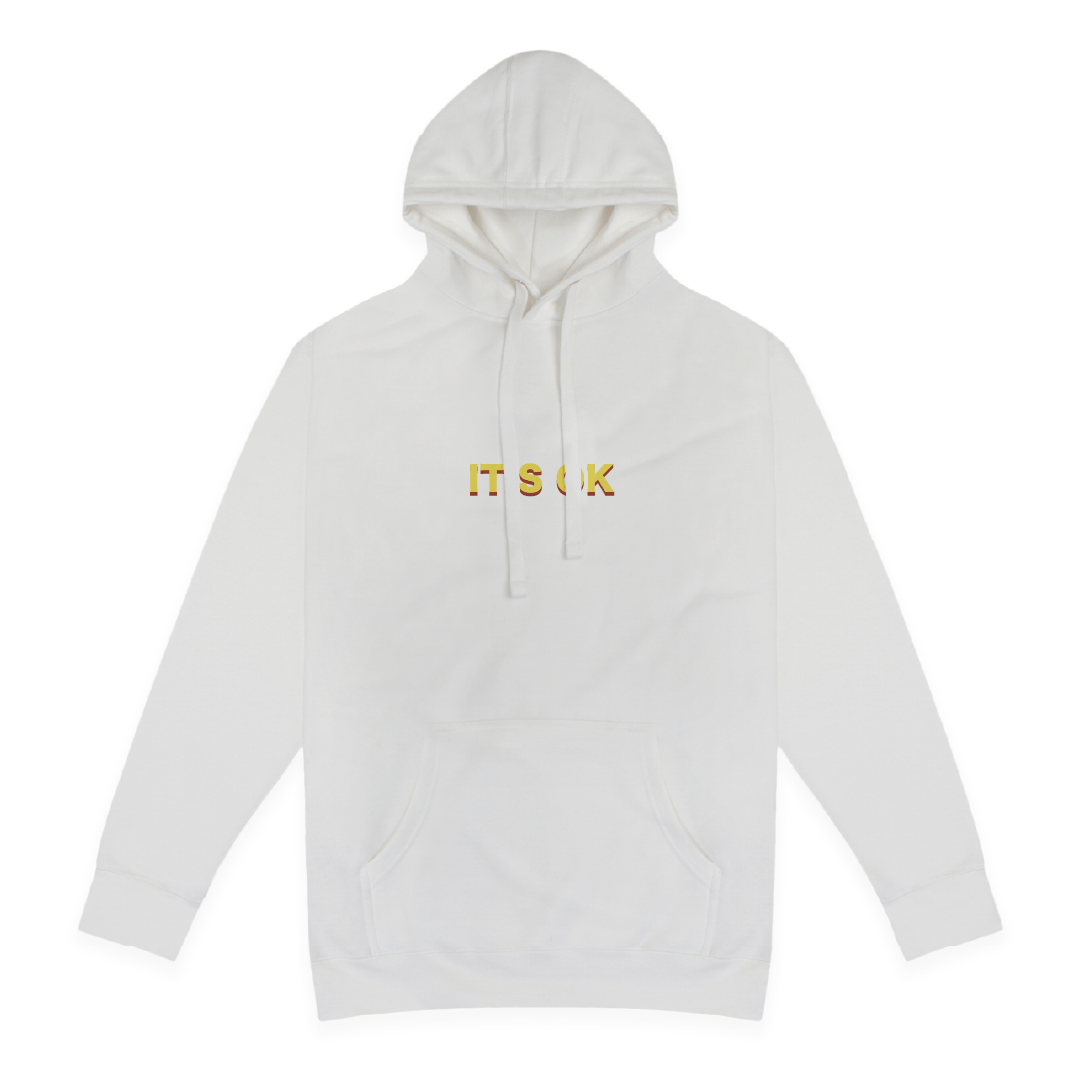 Front view of a white hoodie with a yellow IT'S OK text on the center chest on a white background