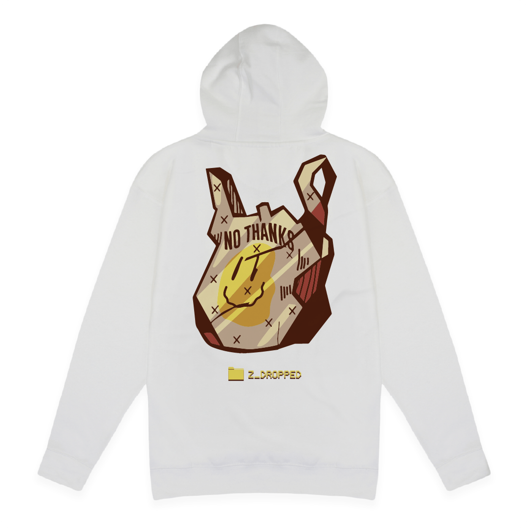 Rear view of a white hoodie with a yellow smiley face plastic bag on a white background