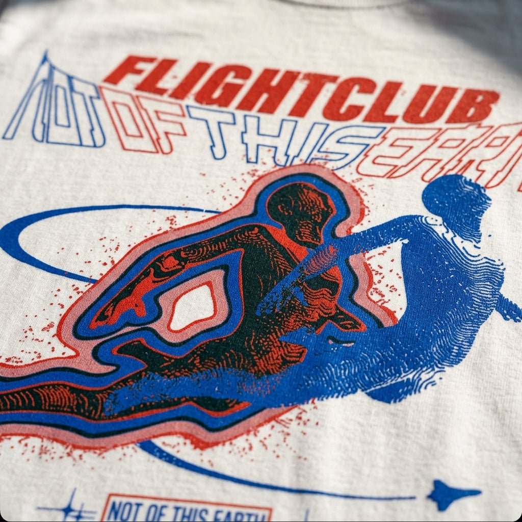 Close up view of a white T-shirt with 'Flightclub Not of this earth' design with an outer body experience illustration