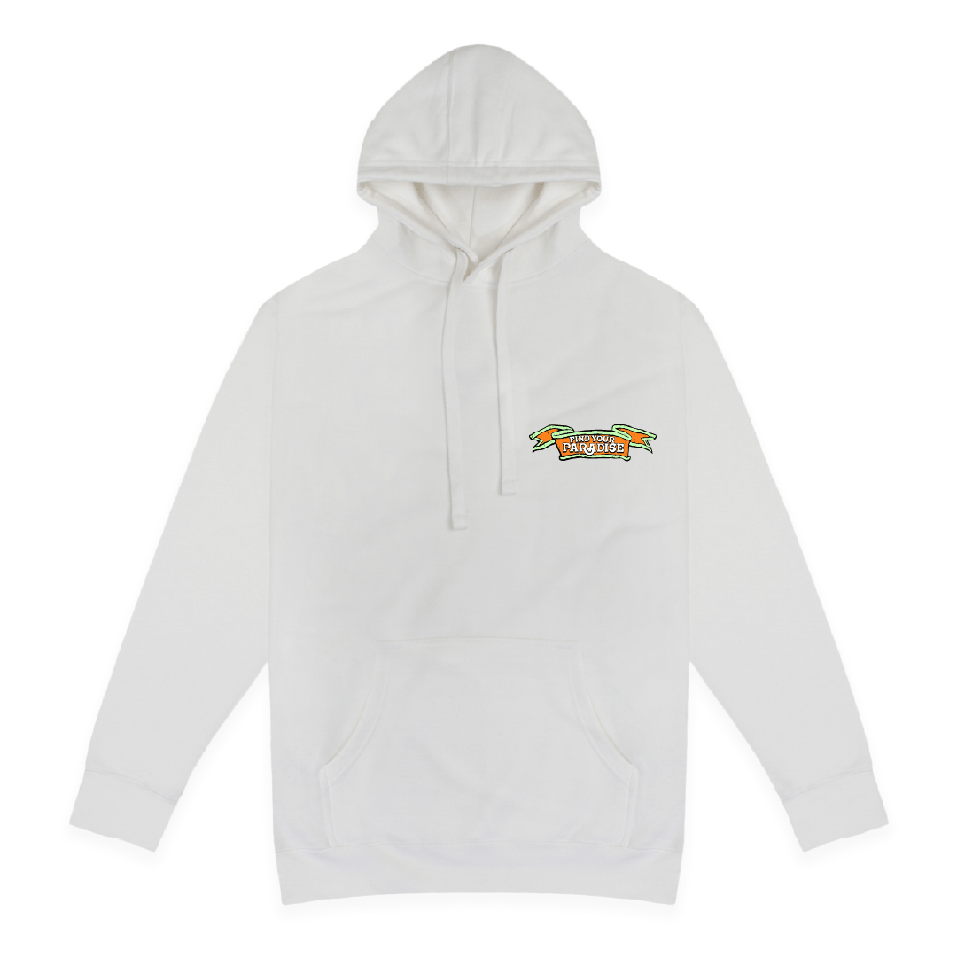 Front view of a white hoodie with a Find Your Paradise graphic on the chest against a white background