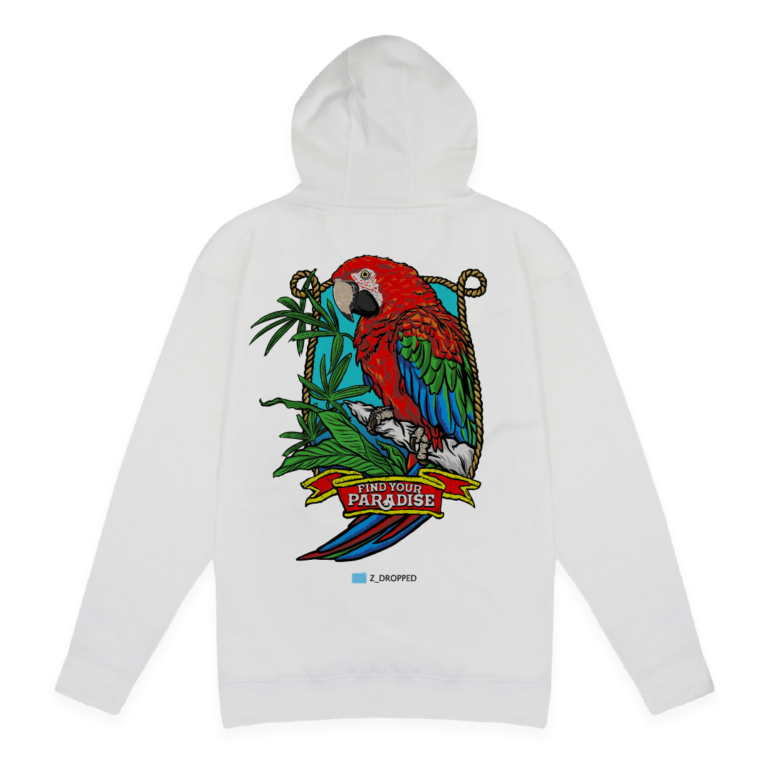 Rear view of a white hoodie with a colorful red parrot design on a white background