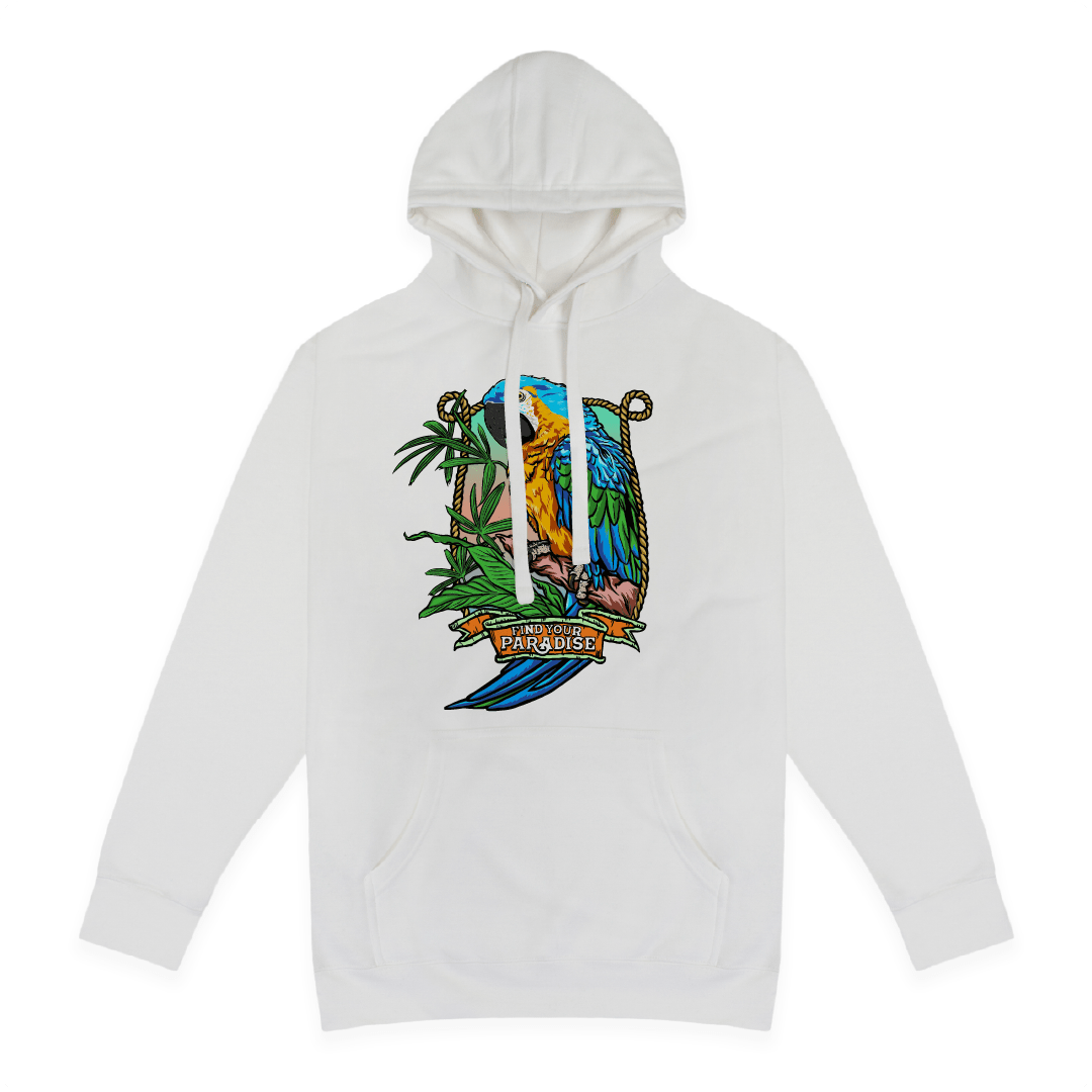 Front view of a white hoodie with a colorful teal parrot design on a white background