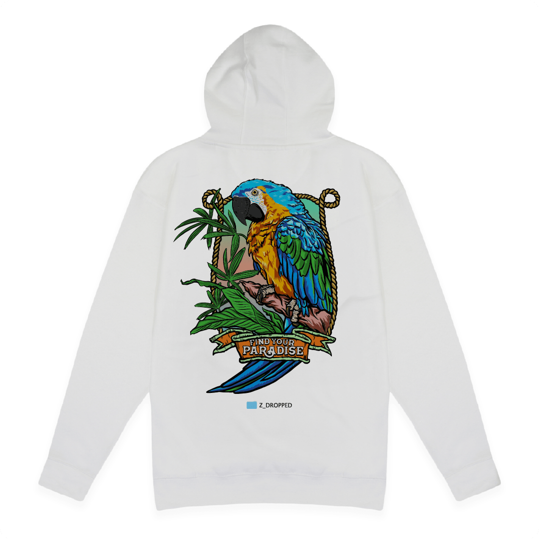 Rear view of a white hoodie with a colorful teal parrot design on a white background
