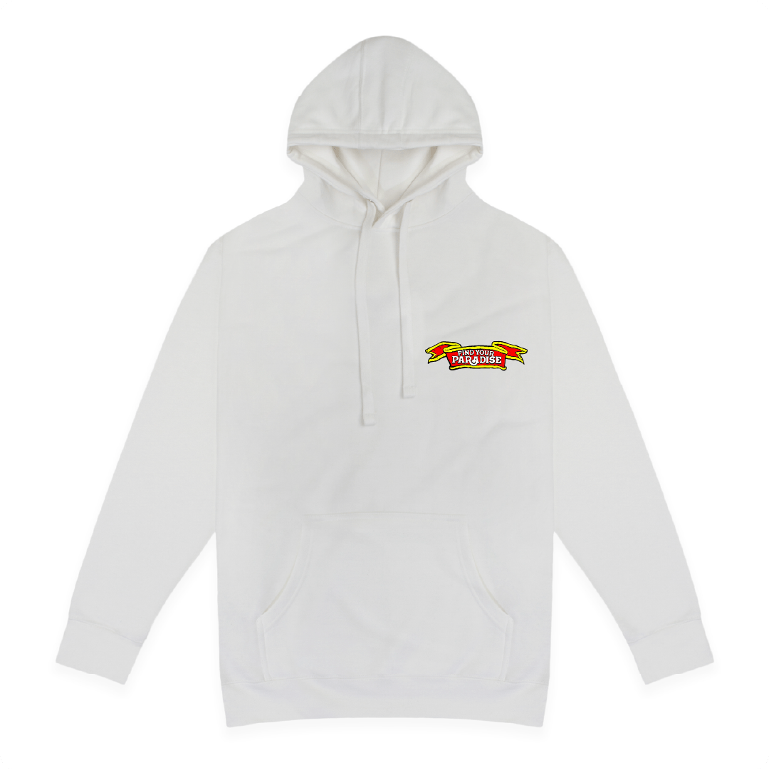 Front view of a white hoodie with a Find Your Paradise graphic on the chest against a white background