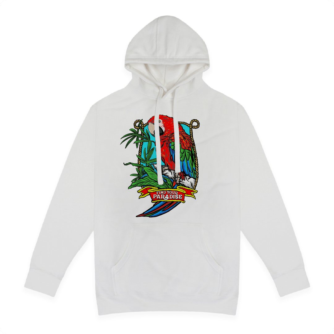 Front view of a white hoodie with a colorful red parrot design on a white background