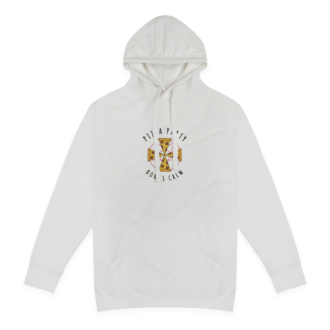 Front view of a unisex white hoodie with a smaller Pizza cult graphic front and centered. Pizza slices laid out as an Iron Cross with 'Pizza Party Bonus Crew' black text on a white background.