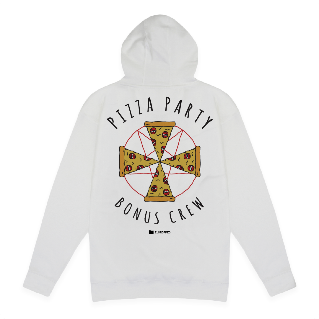 Rear view of a unisex white hoodie with larger Pizza cult graphic front and centered. Pizza slices laid out as an Iron Cross with 'Pizza Party Bonus Crew' black text on a white background.