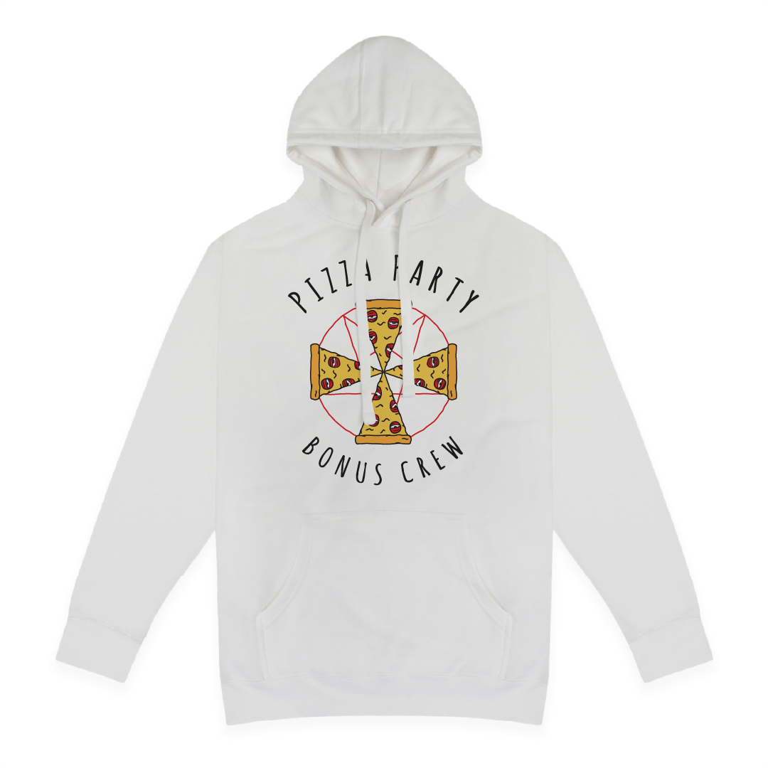 Front view of a unisex white hoodie with larger Pizza cult graphic front and centered. Pizza slices laid out as an Iron Cross with 'Pizza Party Bonus Crew' black text on a white background.