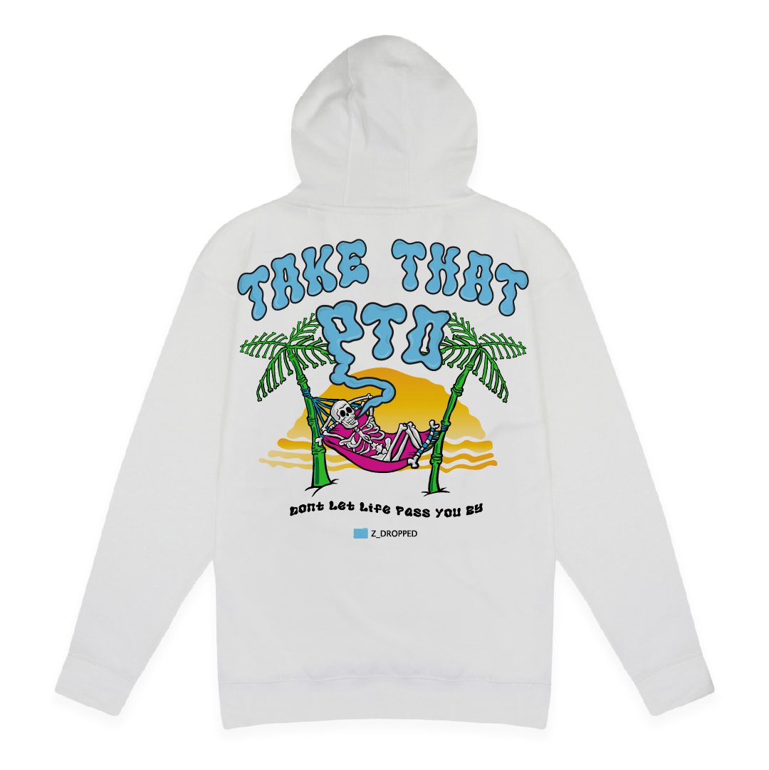 Rear view of a white hoodie with take that PTO text and skeleton in a hammock on the beach on a white background