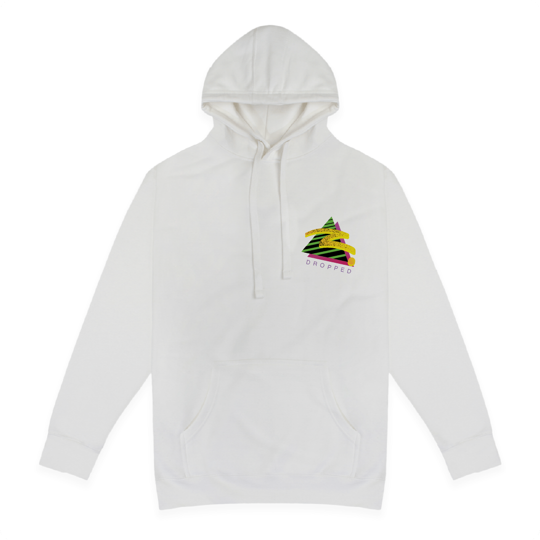 Front view of a white hoodie with a colorful retro z logo on a white background
