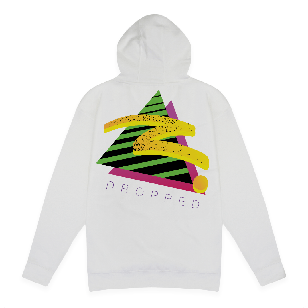 Rear view of a white hoodie with colorful geometric retro z design and 'DROPPED' text on a white background