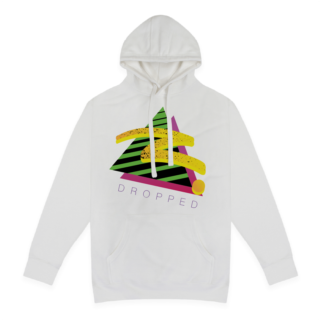 Front view of a white hoodie with colorful retro z graphic design and 'DROPPED' text on a white background