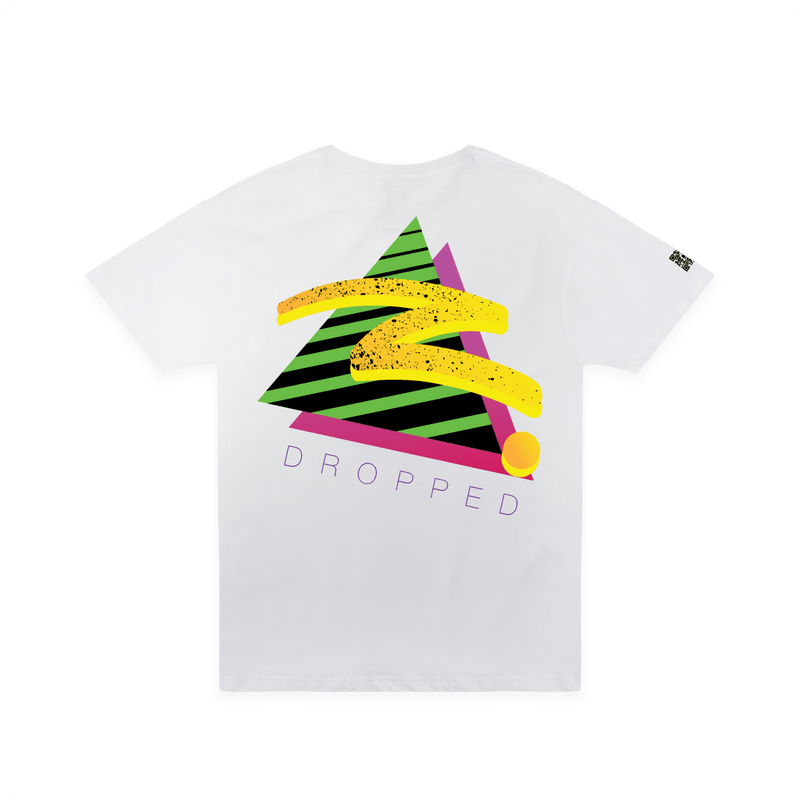 Rear view of a white t-shirt with a large 90s inspired geometric colorful logo on a white background