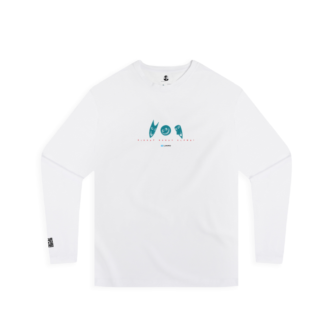 White long-sleeve shirt with blue graphics on a white background