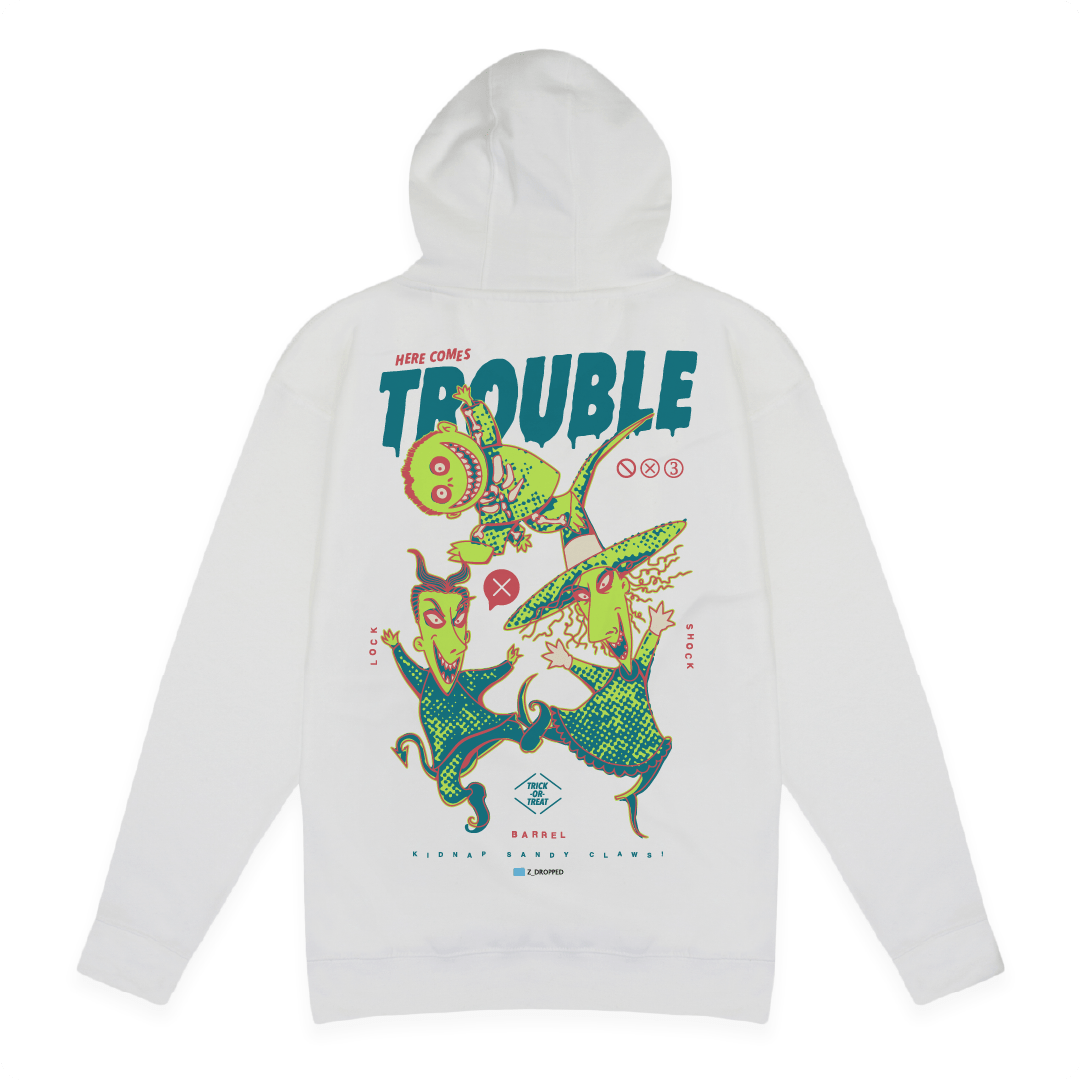 Rear view of a white hoodie with colorful lock shock and barrel and 'Here Comes Trouble' text on a white background