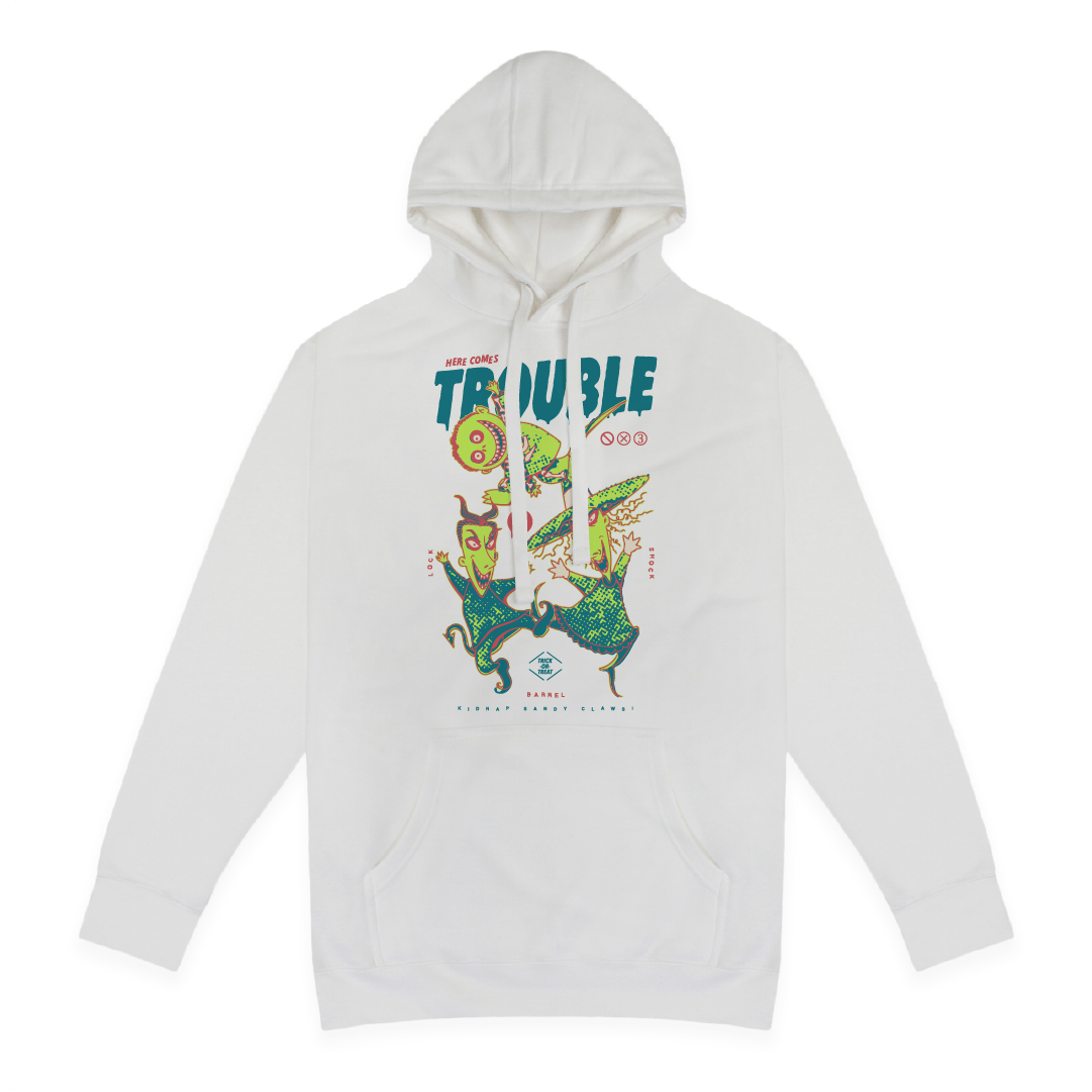 Front view of a white hoodie with colorful lock shock and barrel and 'Here Comes Trouble' text on a white background