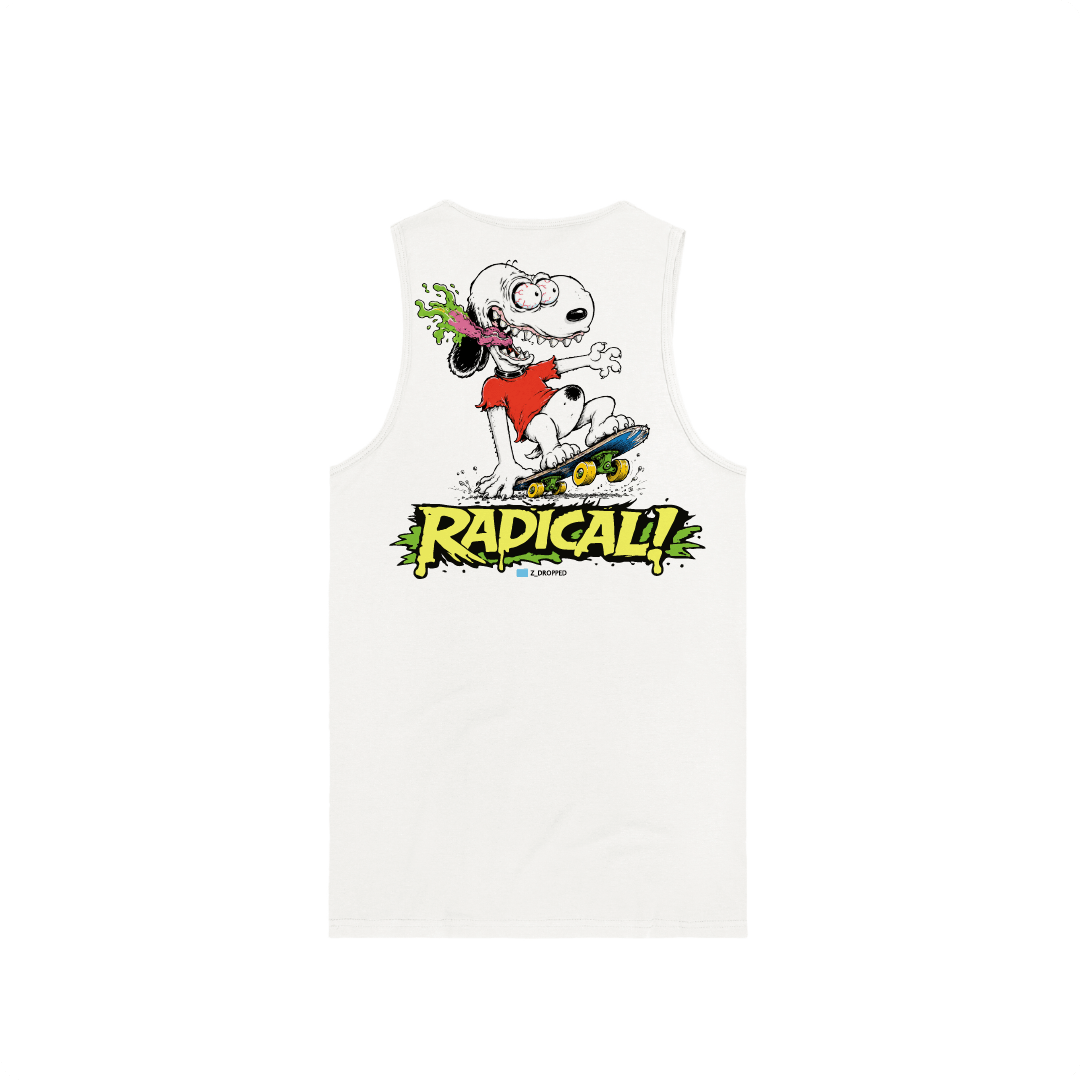 Rear view of a white tank top with a snoopy cartoon character on a skateboard and 'Radical!' text on a white background