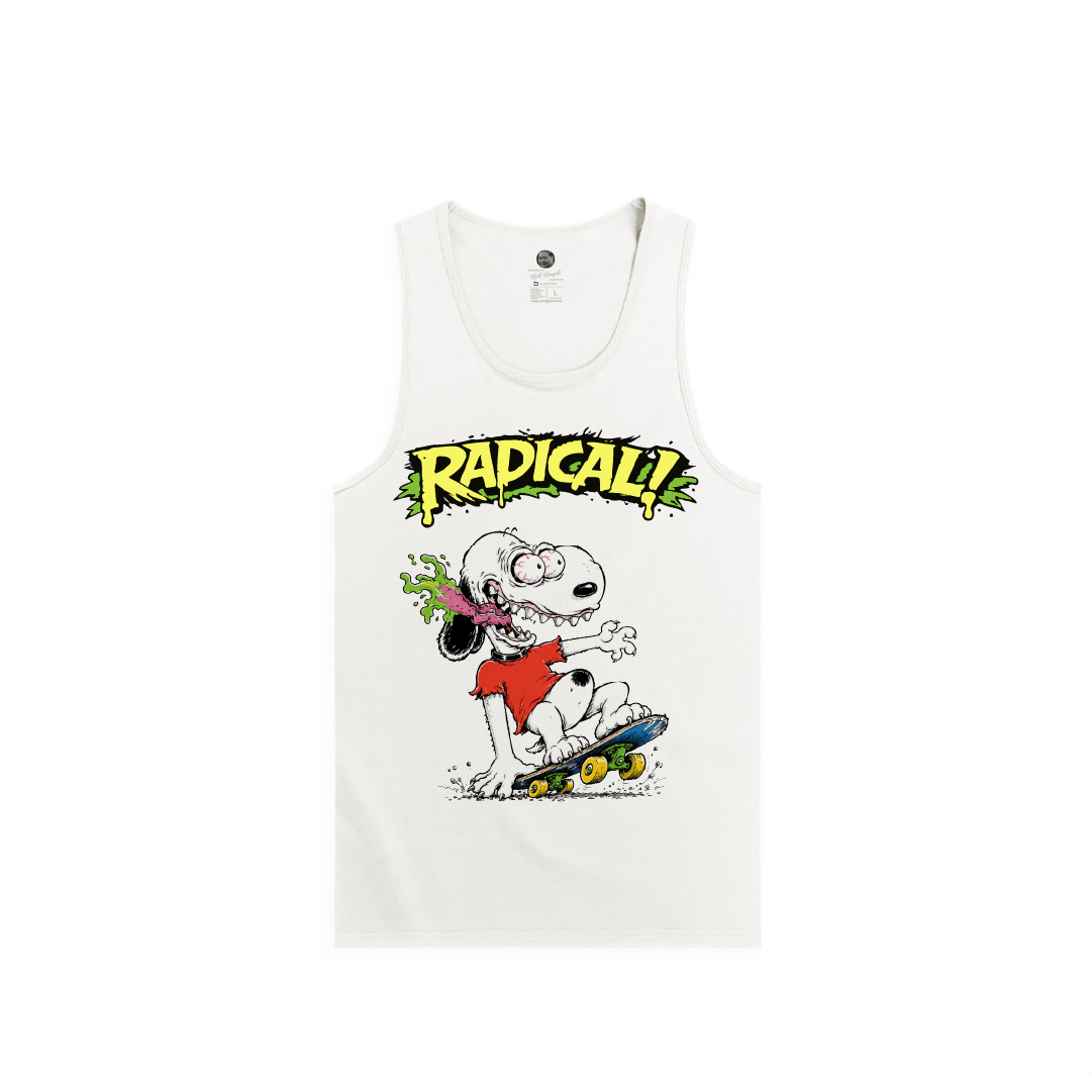 White tank top with a snoopy cartoon character on a skateboard and 'Radical!' text on a white background