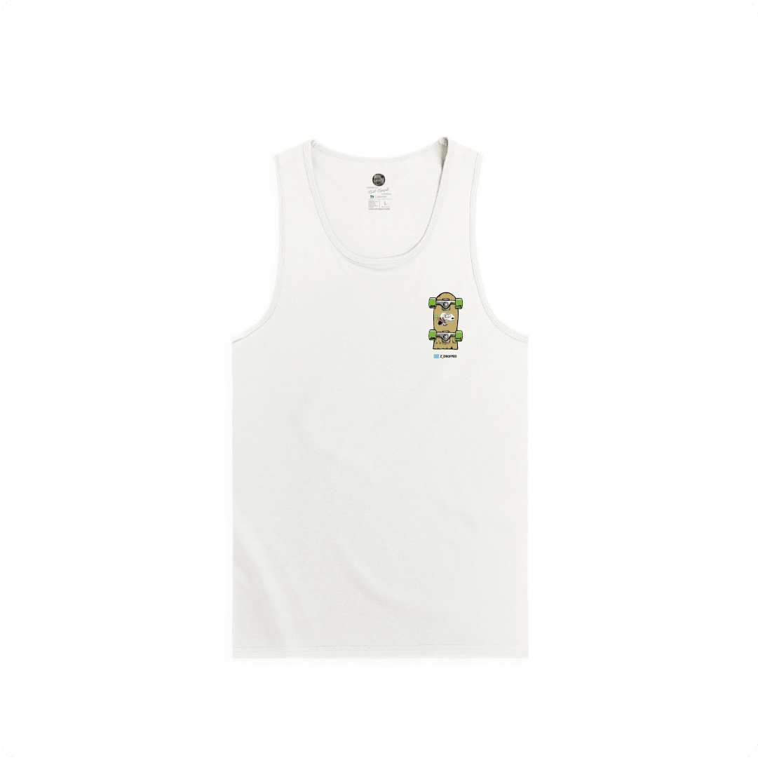 White tank top with a small skateboard graphic on a white background