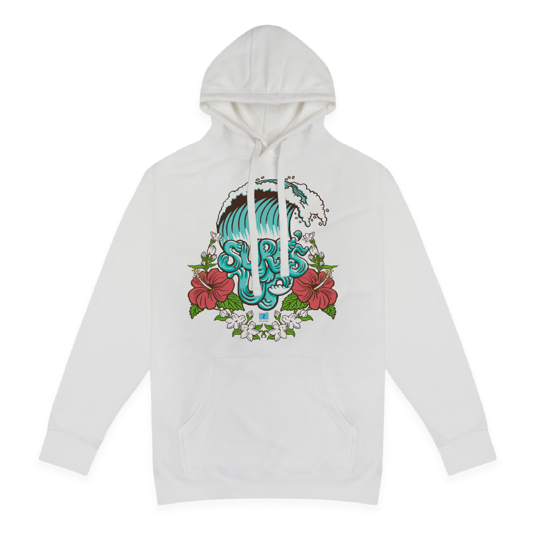 Front view of a white hoodie with a colorful 'Surf Up' hibiscus design on the front against a white background