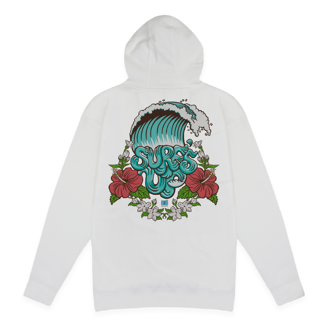Rear view of a white hoodie with a colorful 'Surf Up' hibiscus design on the back against a white background