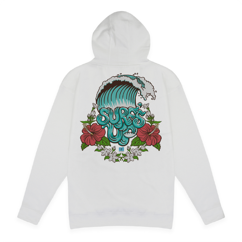 Rear view of a white hoodie with a colorful 'Surf Up' hibiscus design on the back against a white background