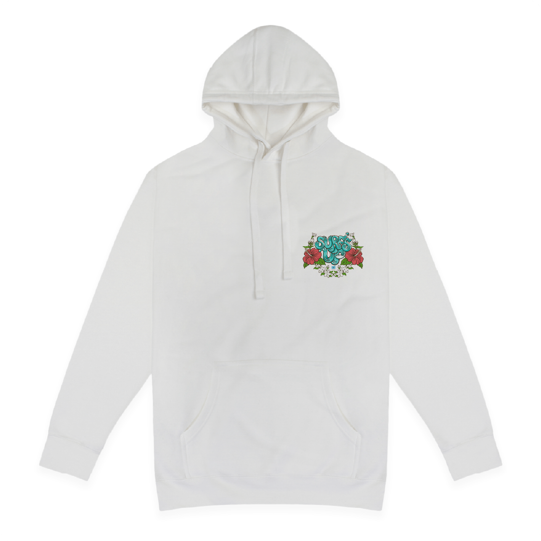 Front view of a white hoodie with a Surfs Up floral design on a white background