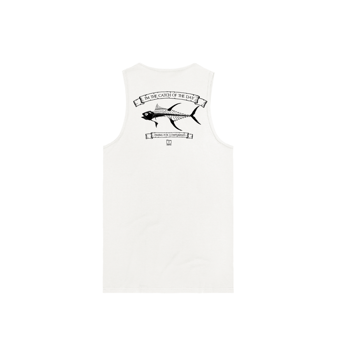 Z_DROPPED - Mens, Unisex - White - Tuna Bones Tank Top. - By: Jose Hurtado